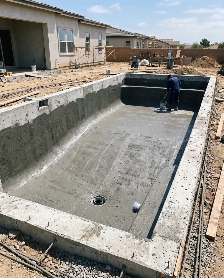 Swimming pool shell prepared for waterproofing