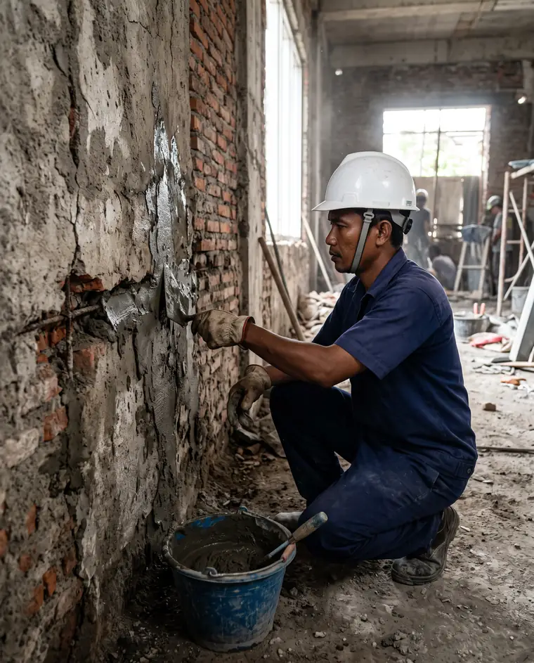 Worker repairing a brick and concrete wall