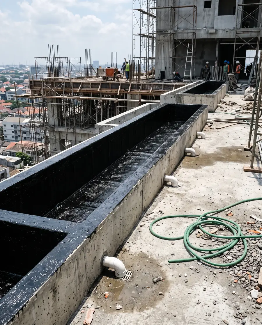 Planter box waterproofing layer on a residence terrace