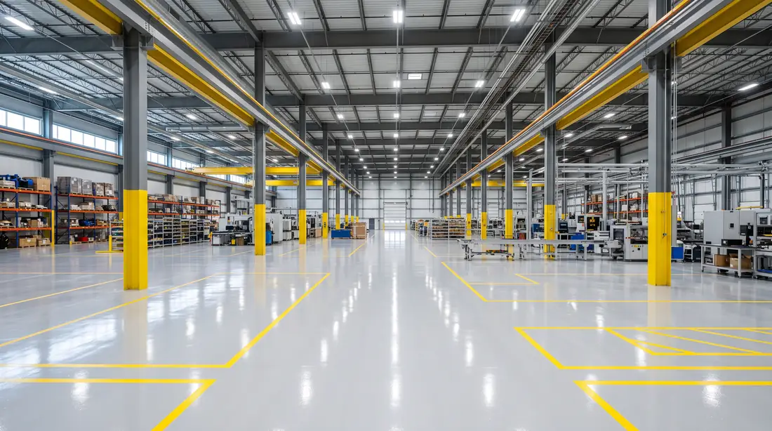 Seamless grey epoxy floor in a bright industrial hall