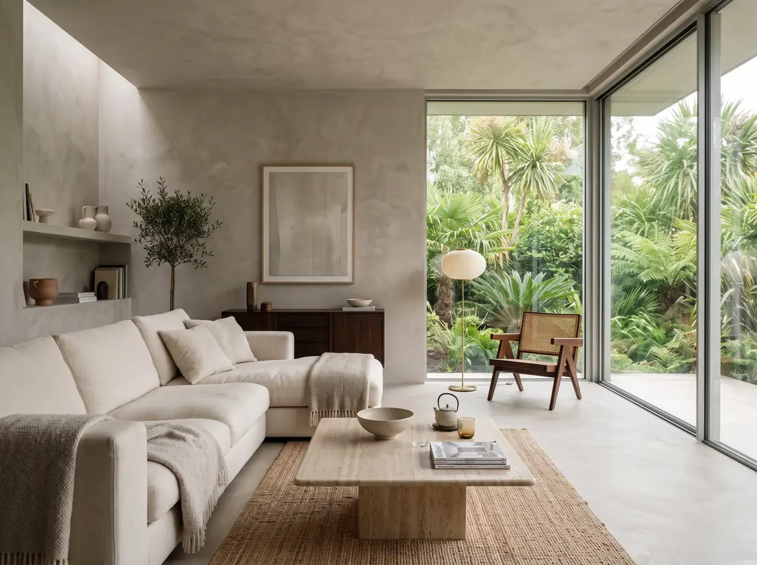 Living space with a hand-finished microcement floor