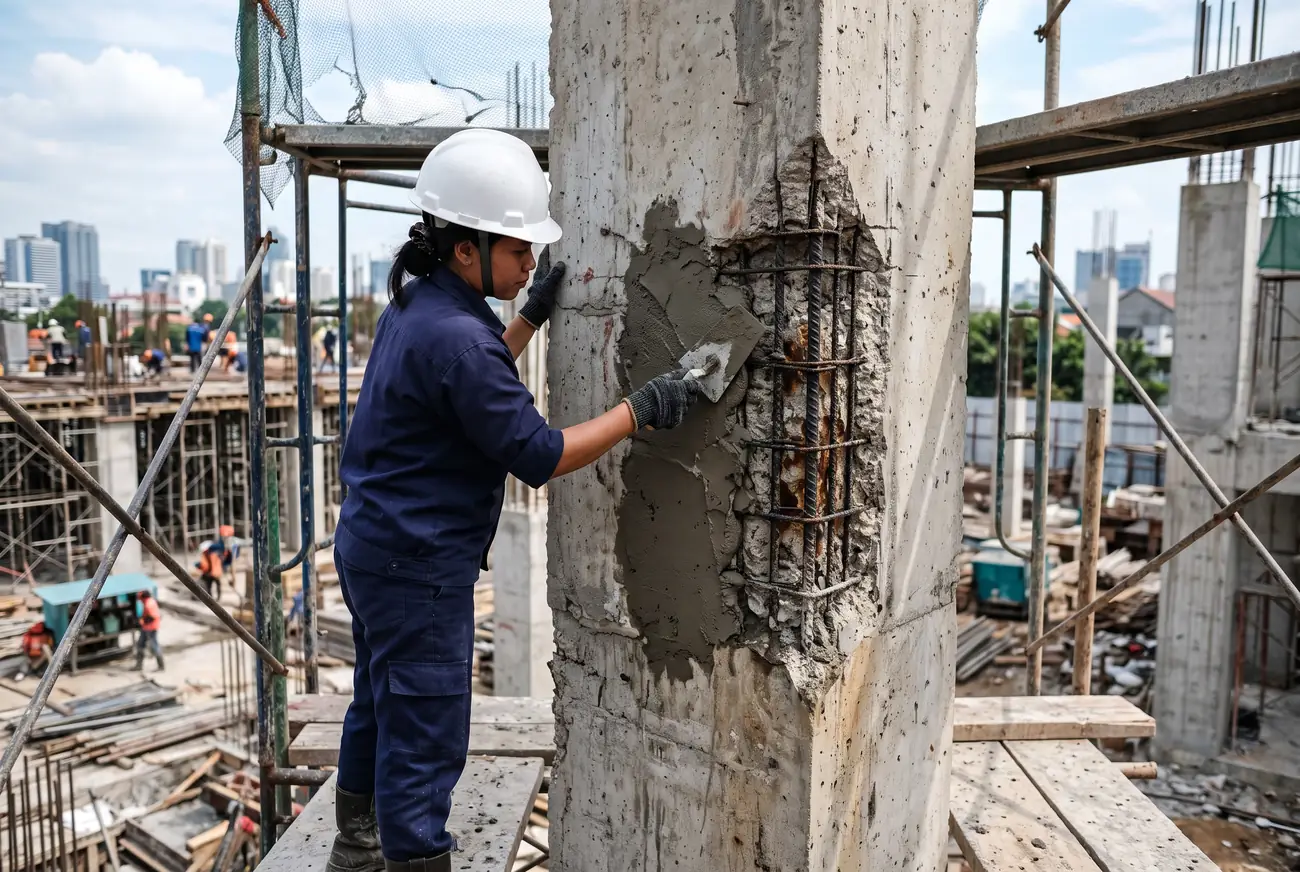 Worker repairing a damaged concrete column with structural repair mortar